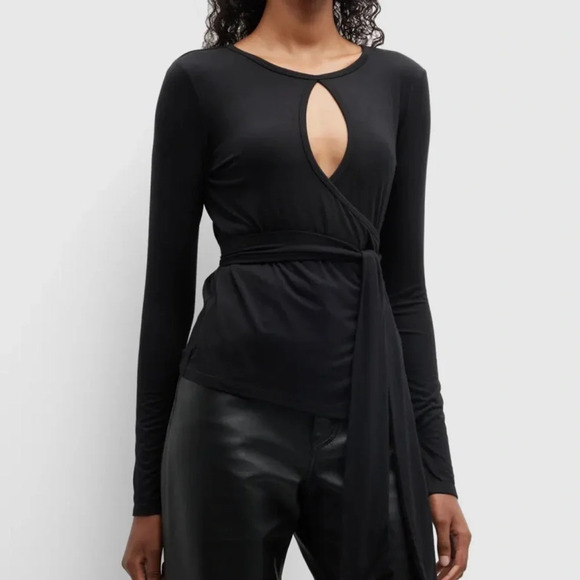 Jonathan Simkhai Jeneen Stretch Jersey Long Sleeve Wrap Top Black Medium NWT - Picture 1 of 9